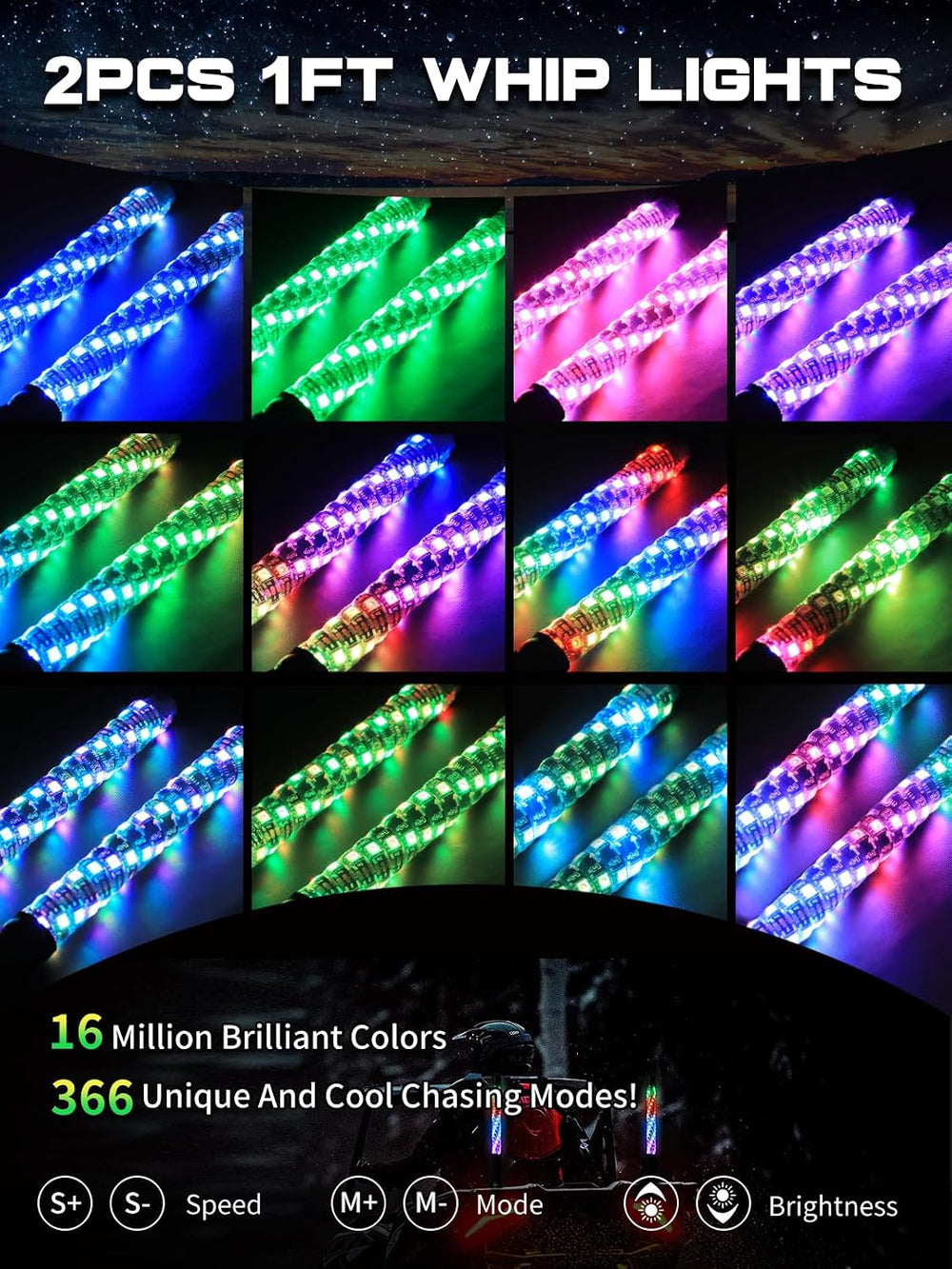 2 Pack 1FT Whip Lights with Spring Base, LED Whip Light with App & Remote...