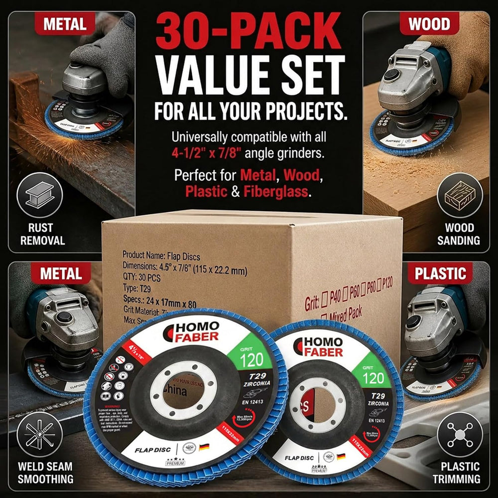 HOMO FABER 30 Pack Flap Discs 4 1/2 for Angle Grinder,120 Grit Zirconia T29