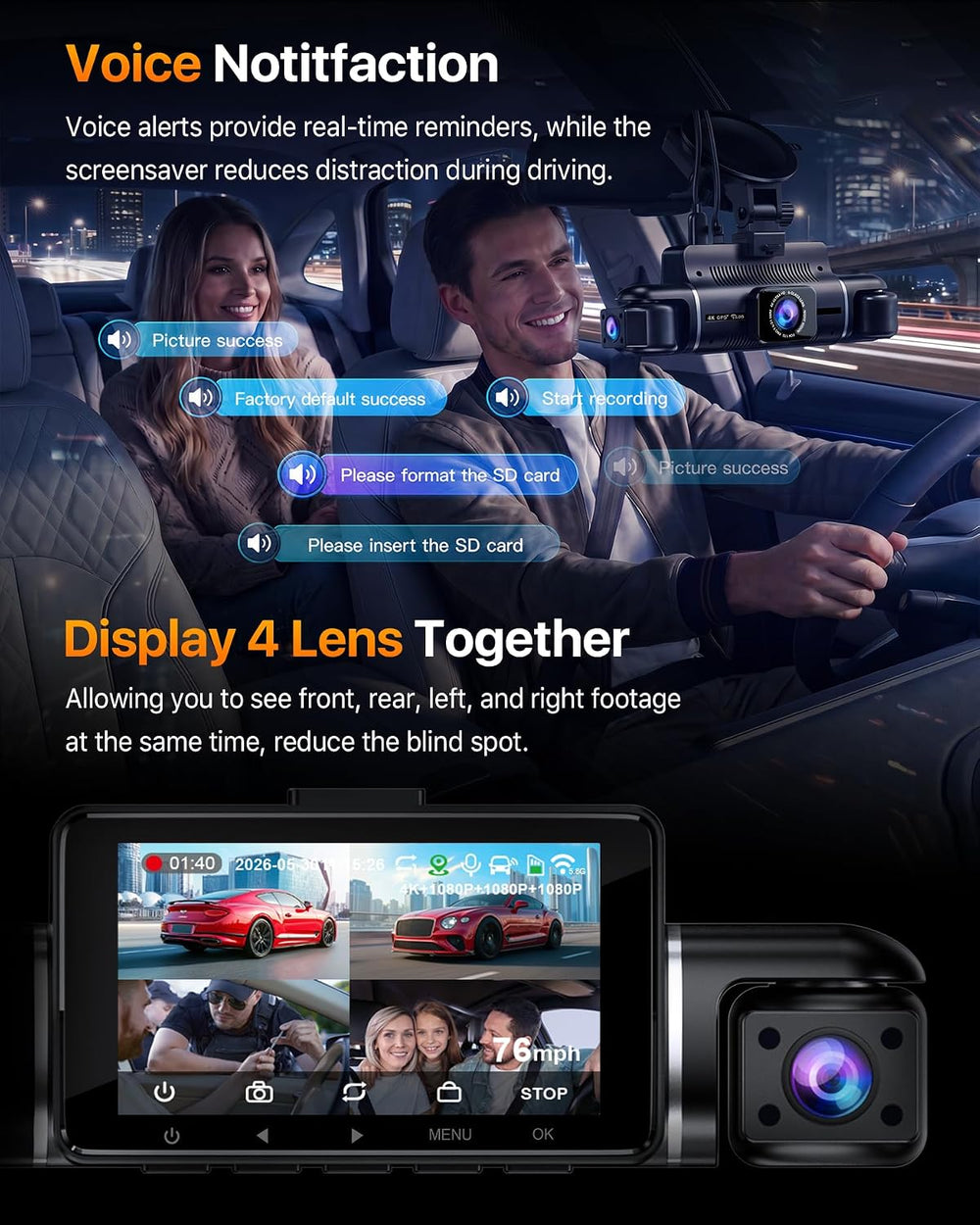 Icesky 4K Dash Cam Front and Rear Left Right with GPS, 20MB/s WiFi 6