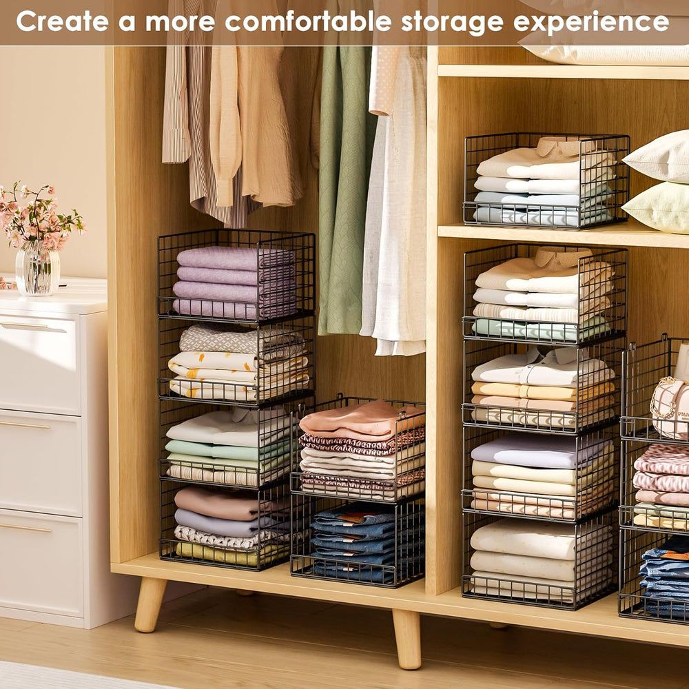 Stackable Closet Organizers and Storage Baskets, 4-Tier Closet Shelf Organize...