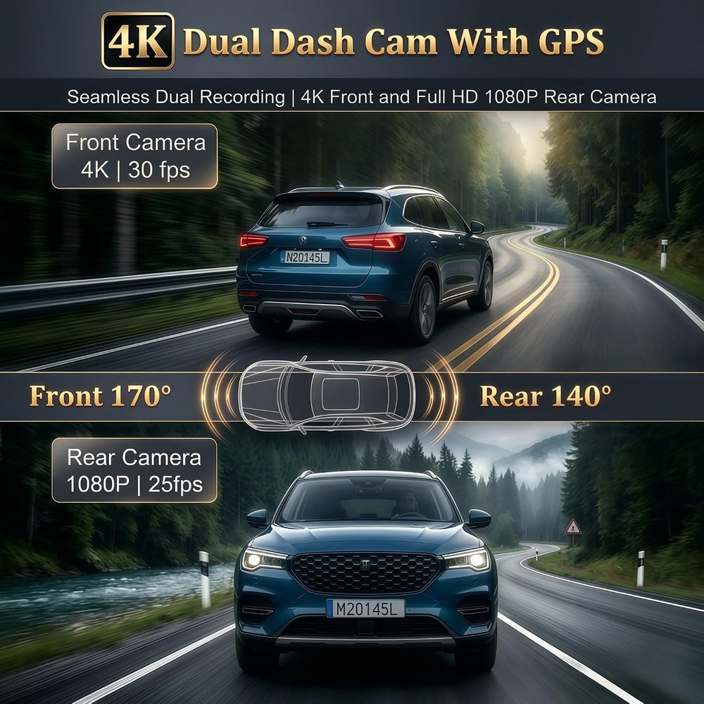 4K Dashcam Front and Rear Camera, Smart Car Camera with WiFi GPS