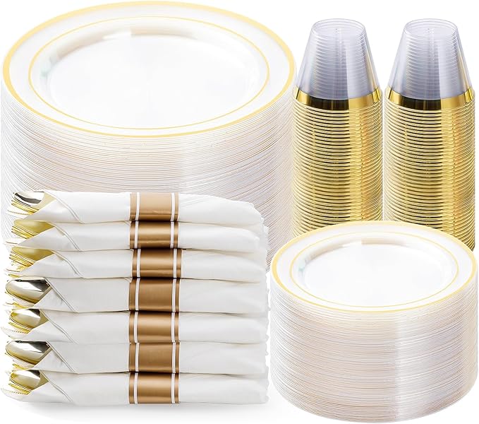 BESTVIP 350PCS Clear Gold Plastic Dinnerware Set for 50 Guests, Disposable Pa...