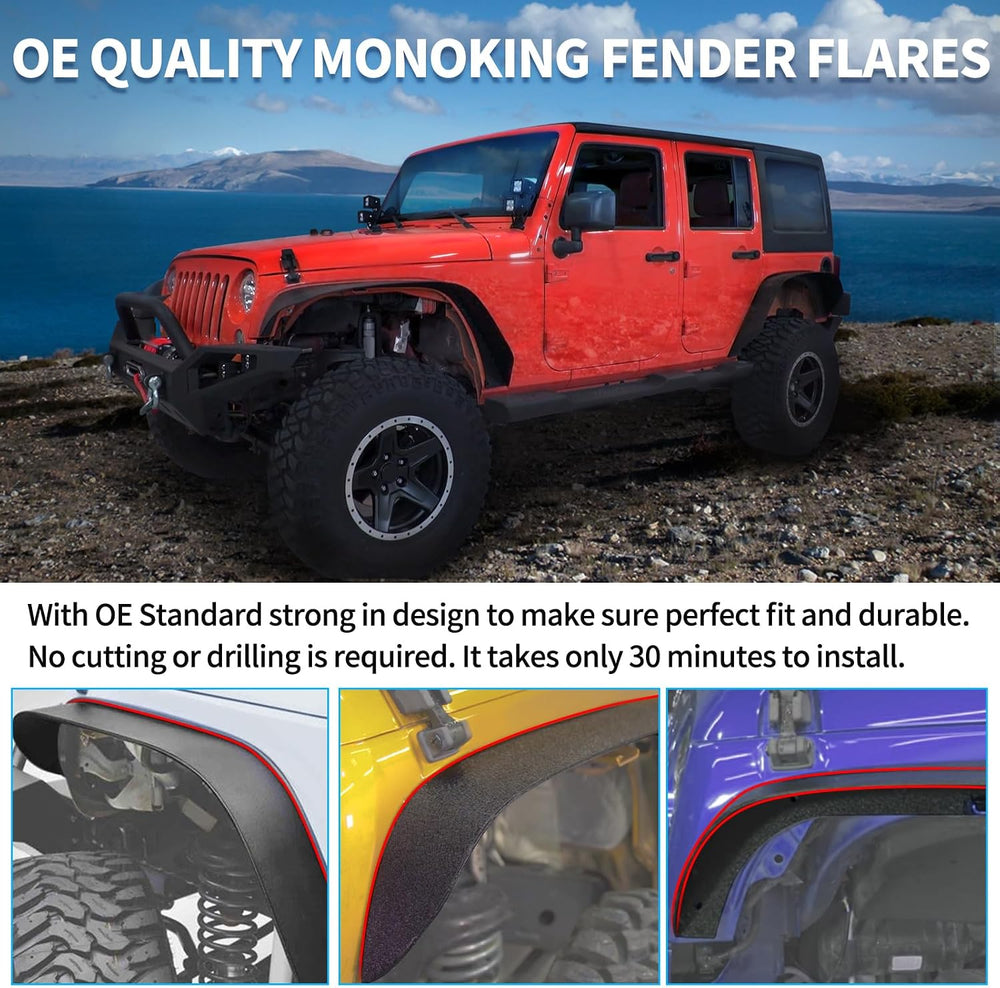 MONOKING 4PCS Flat Fender Flares for 2007-2018 Wrangler JK JKU 2 & 4-Door...