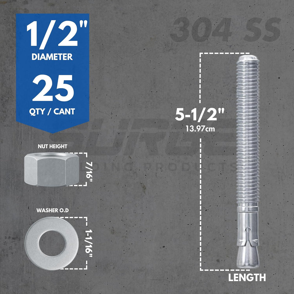 1/2" X 5-1/2" 304 Stainless Steel Wedge Anchors for Concrete (Box o...