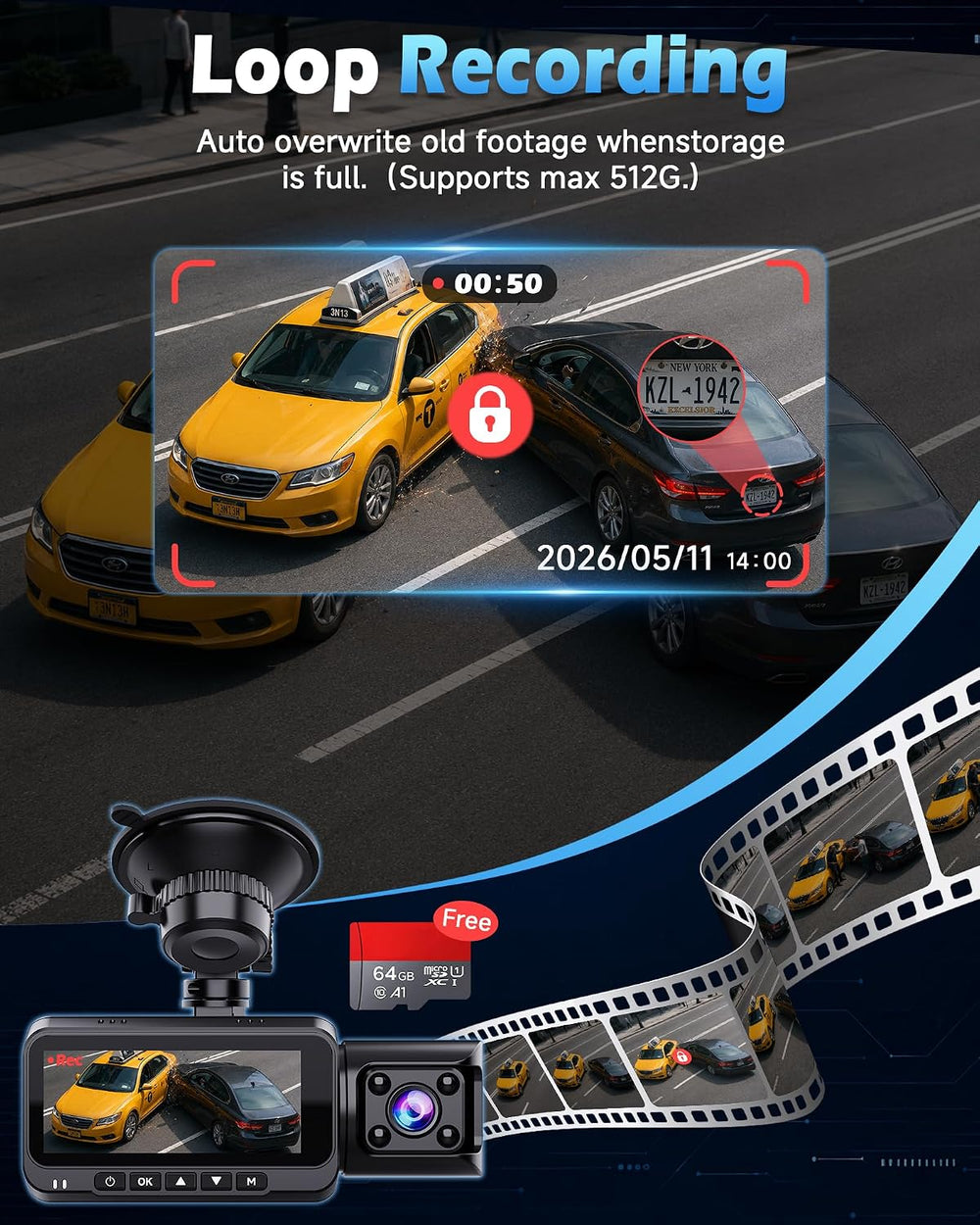 4K+2.5K+1296P 3 Channel Dash Cam: Front Rear Inside Car Camera, 64GB Card