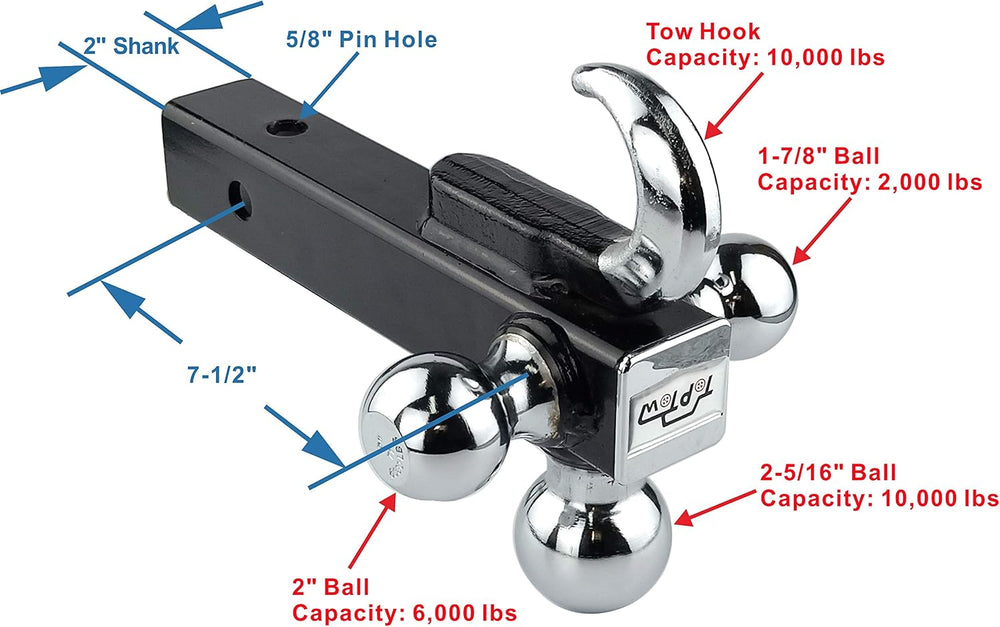 TOPTOW 64180 Trailer Receiver Hitch Triple Ball Mount with Hook, Chrome Balls...