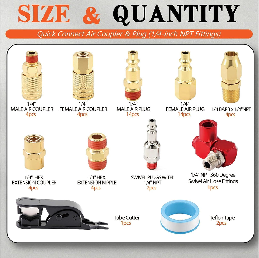 54 Pcs 1/4-inch NPT Air Hose Fittings Coupler Kit 360° Swivel Quick Connect