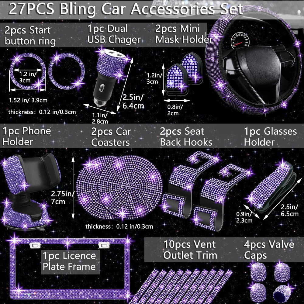 NBTEPEM 27 PCs Purple Violet Bling Car Accessories Set for Women, Steering Wh...
