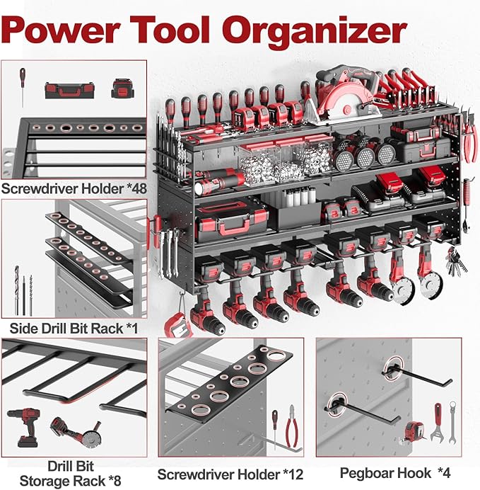 Power Tool Organizer Wall Mount, 4 Tier Tool Storage Rack