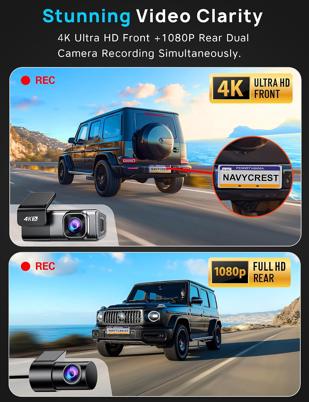 Navycrest 4K Dash Cam Front and Rear, Built-in 5G WiFi, Dash Camera for Cars ...