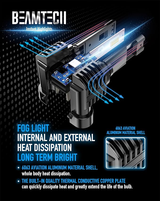 BEAMTECH 9005 9006 Fog Light Bulbs, Fanless in Line 6500K Light Bulb Pack of 4