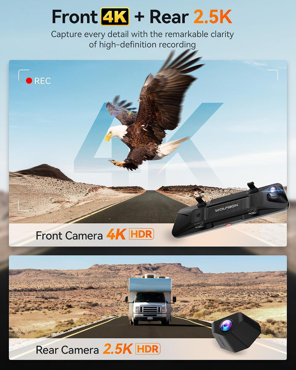WOLFBOX G900 PRO Mirror Dash Cam with 8MP STARVIS IMX678,Front 4K Rear 2.5K