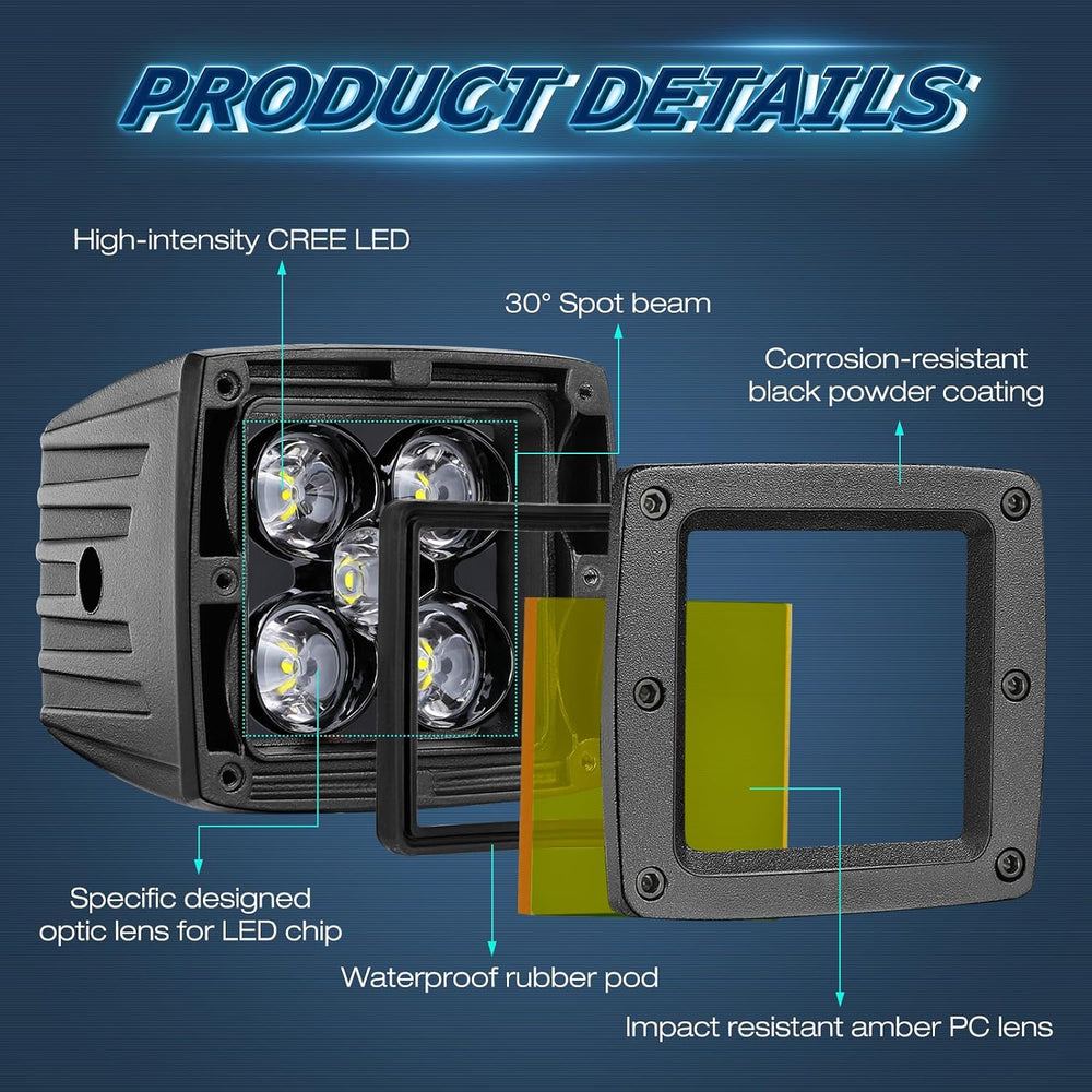 Amber LED Cube Lights, Niwaker 2Pcs 3 Inch 100W CREE LED Pods Spot Ditch Ligh...