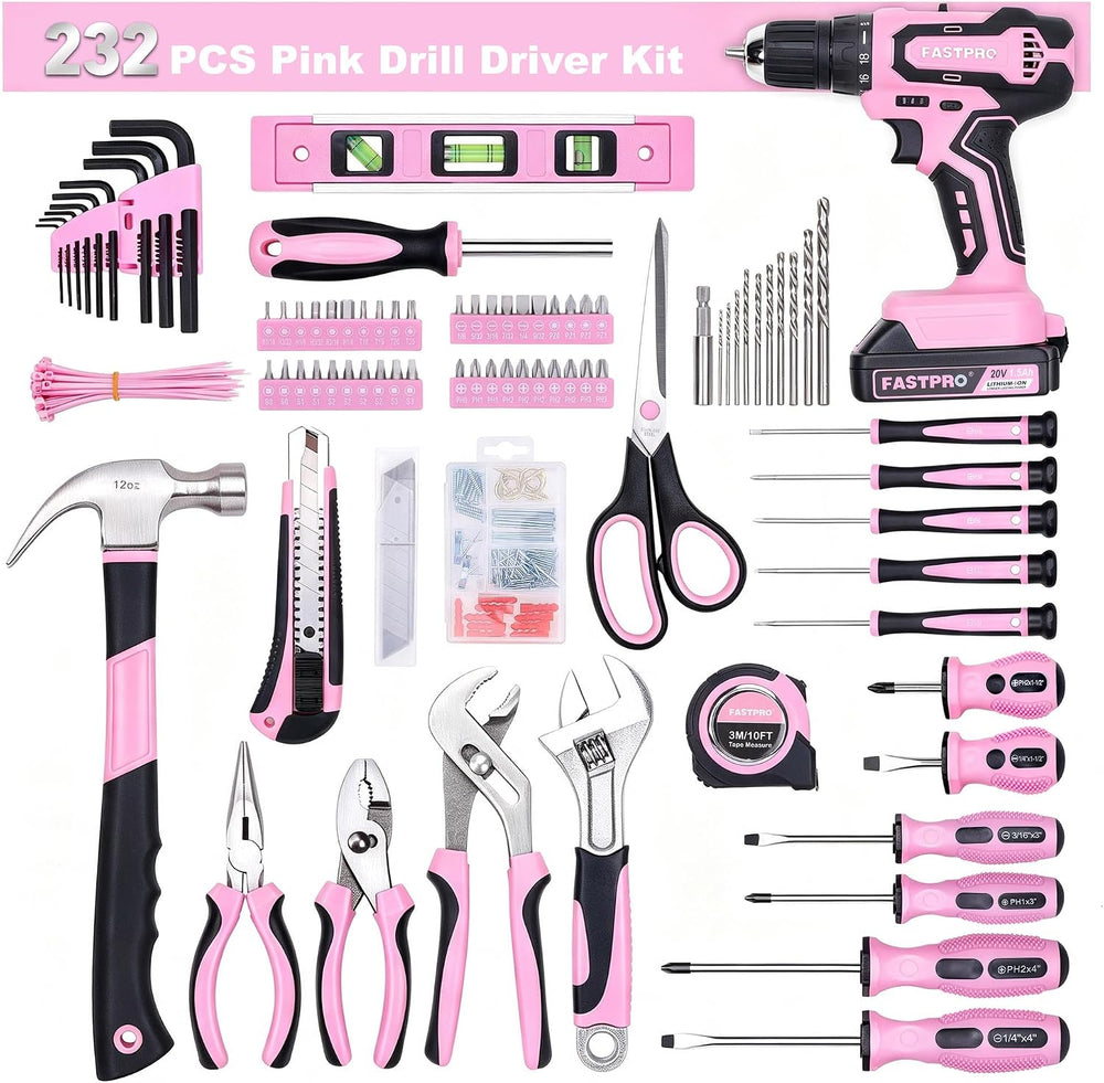 FASTPRO 232-Piece Pink Drill Set for Women, Pink Tool Set with Bag