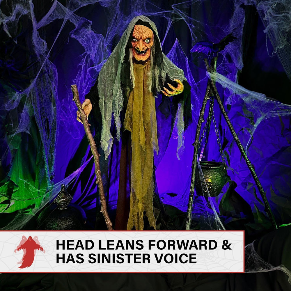 Haunted Hill Farm Life-Size Scary Poseable Talking Witch, Halloween Animatron...