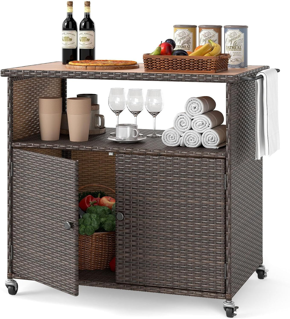 HAPPYGRILL Outdoor Storage Cabinet with Wheels, PE Rattan Patio Buffet Sidebo...