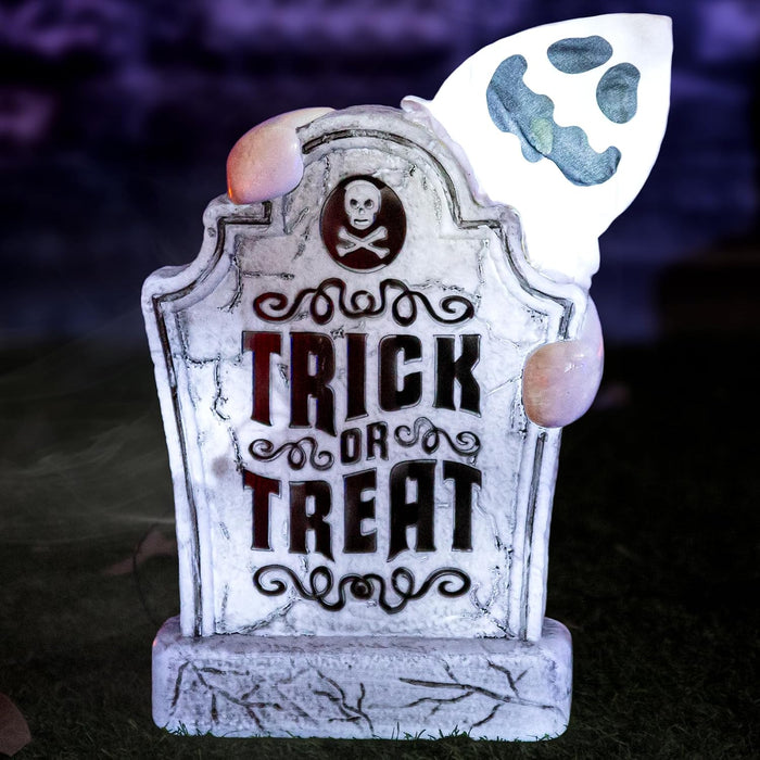ELAMAS Halloween Decorations Animatronic Tombstone with Pop-Up Ghost, Sound & Motion Sensor Activated Haunted Graveyard Prop, Trick or Treat Cemetery Yard Sign for Indoor Outdoor Halloween Decor