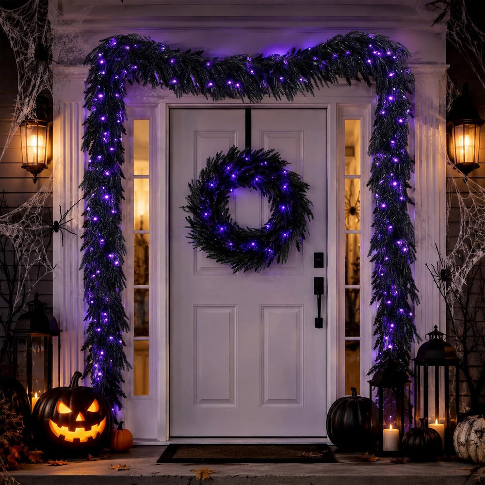 N&T NIETING 9FT Black Halloween Pre-Lit Garland with 70 LED Lights Real T...