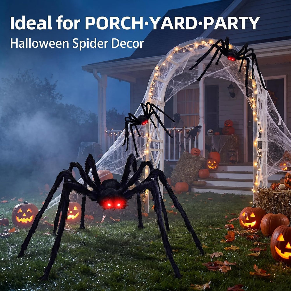 8Ft Giant Hairy Black Spider with Glowing Eyes, 3 Packs(8Ft+5Ft+3Ft) Hallowee...