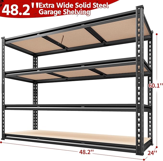 REIBII 48.2" W Garage Shelving, Storage Shelves Load 2600LBS, 4-Tier Adj...