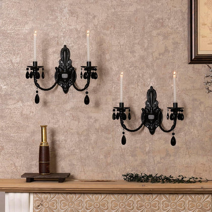 Black Iron Candle Sconces Gothic Wall Candle Holder Set of 2, Handcrafted Wrought Victorian Wall Mounted Candlestick with Acrylic Crystals for Halloween, Bedroom, Living Room, Dining Room