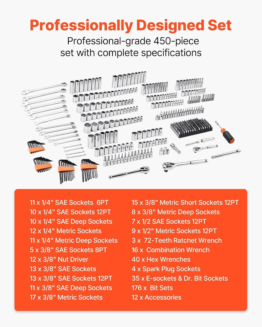 VEVOR Mechanics Tool Set and Socket Set, 450 PCS, 1/4" 3/8" 1/2&quo...