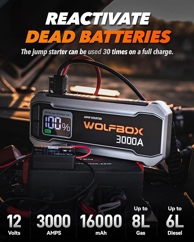 WOLFBOX 3000A Jump Starter, 12V Car Battery Jump Starter, 65W Quick Charge