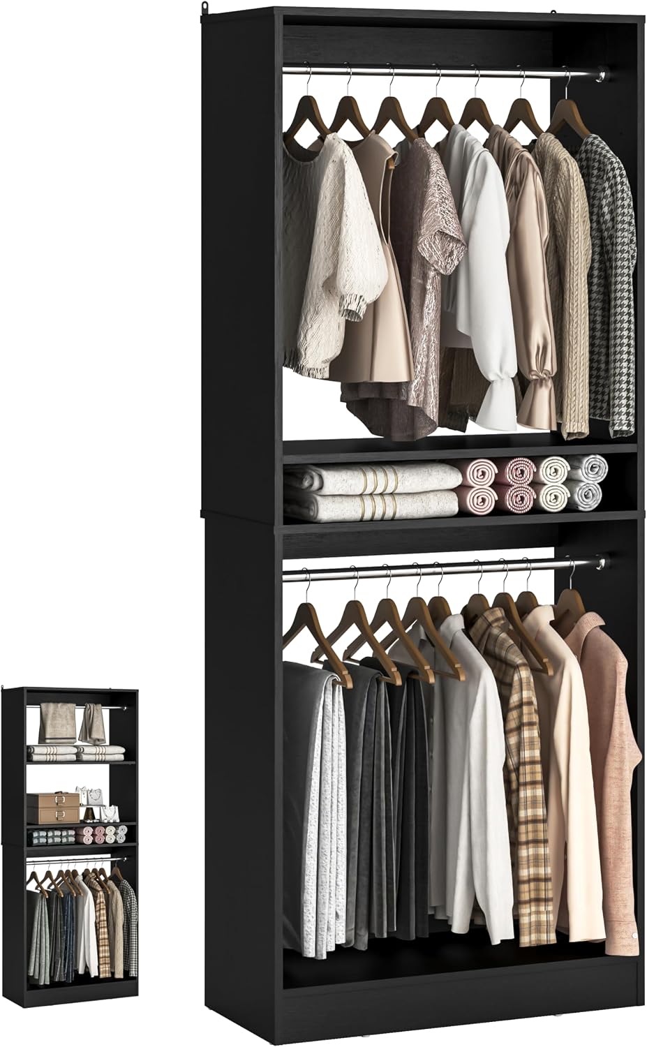 Unikito 25" Closet Organizer System with Hanging Rods and Shelves, Black