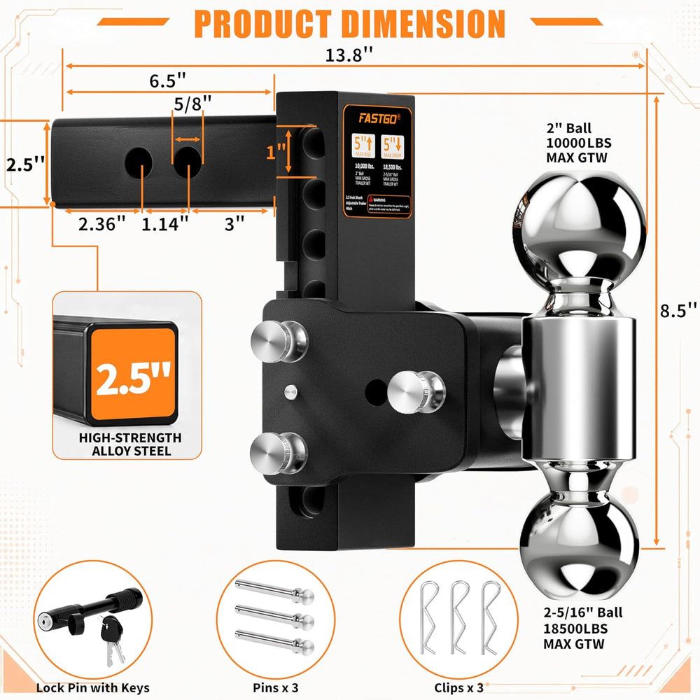 Fastgo Trailer Hitches - Fits 2.5" Receiver, Adjustable Trailer Hitch Ba...
