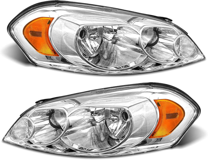 for 2006-2013 Chevy Impala 2006-2007 Chevy Monte Carlo Headlight Assembly Compatible with 2014-2016 Chevy Impala Limited Headlamp Chrome Housing Amber Reflector Replacement Pairs Bulbs Not Included