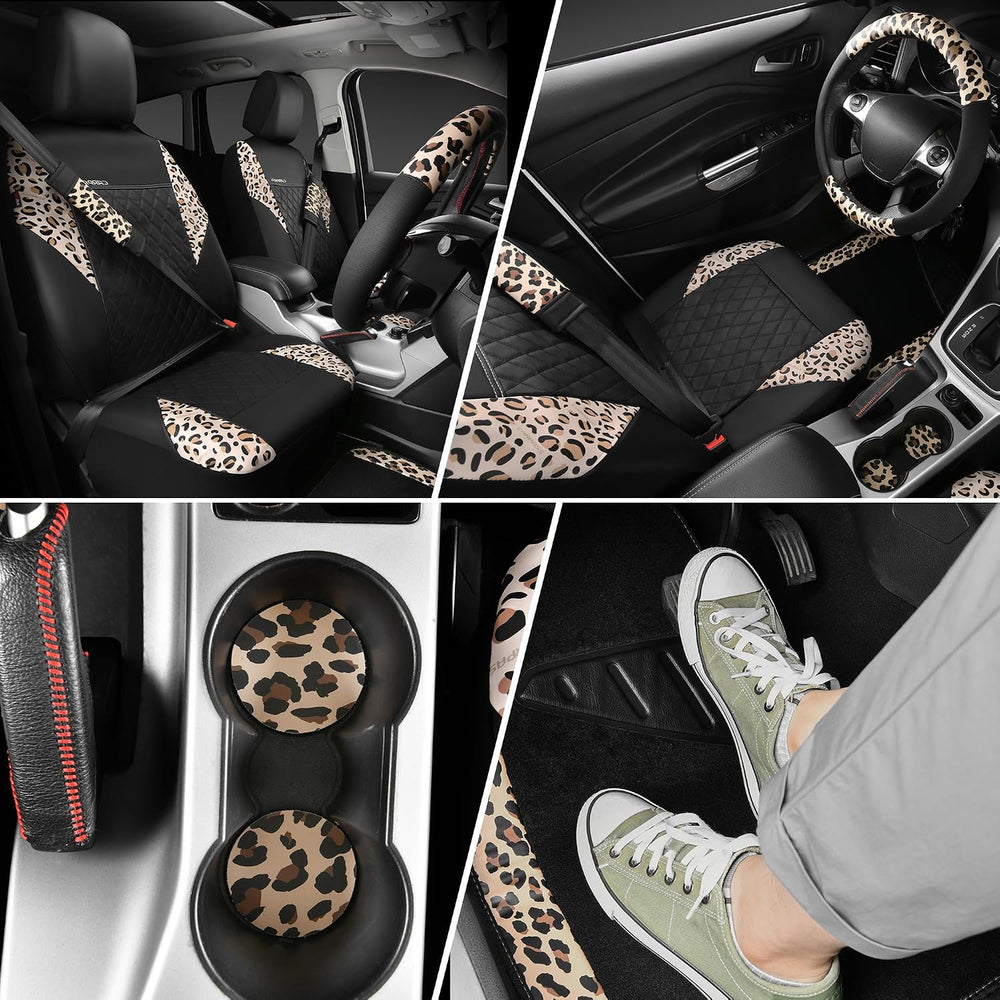 CAR PASS Leopard Print Faux Leather Car Seat Covers & Leopard Car Mats&am...