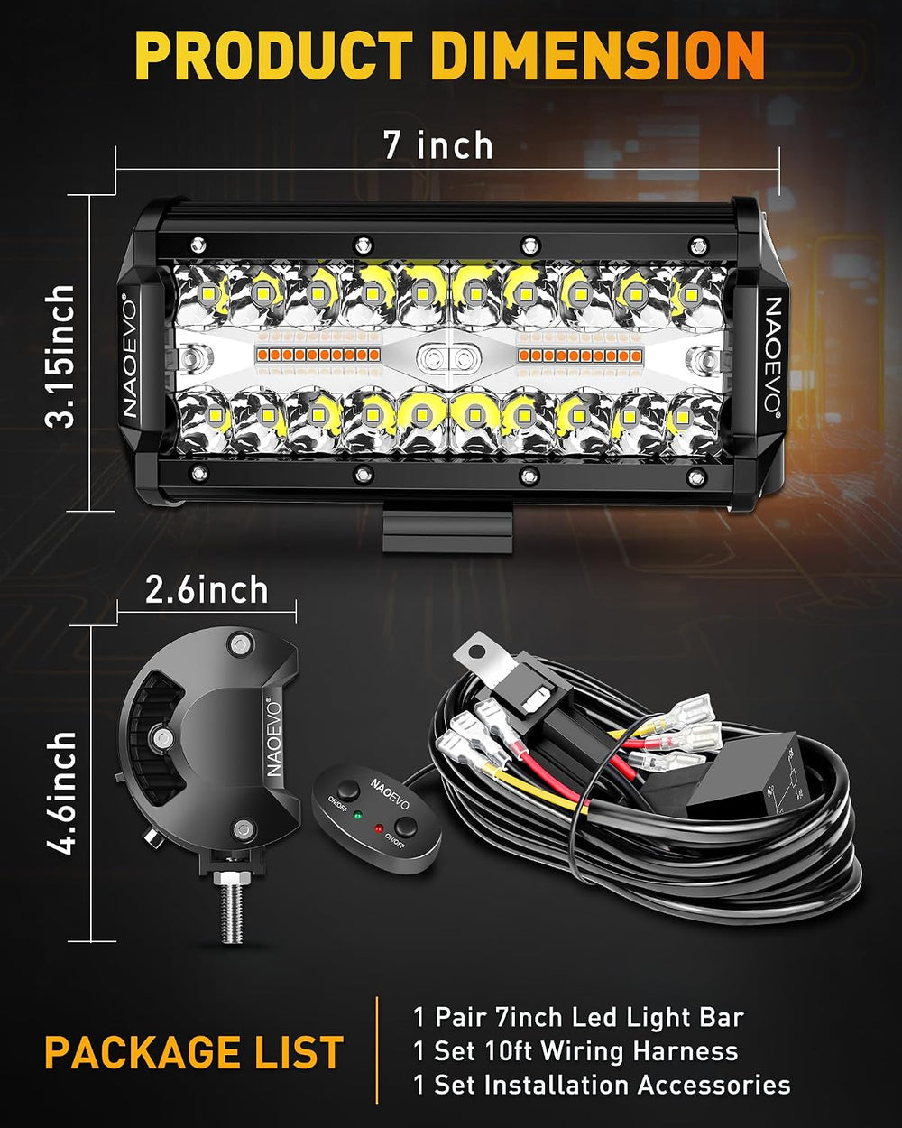NAOEVO 7 Inch LED Light Bar, 3-Mode LED Pods/Fog Lights with 2-Lead Harness