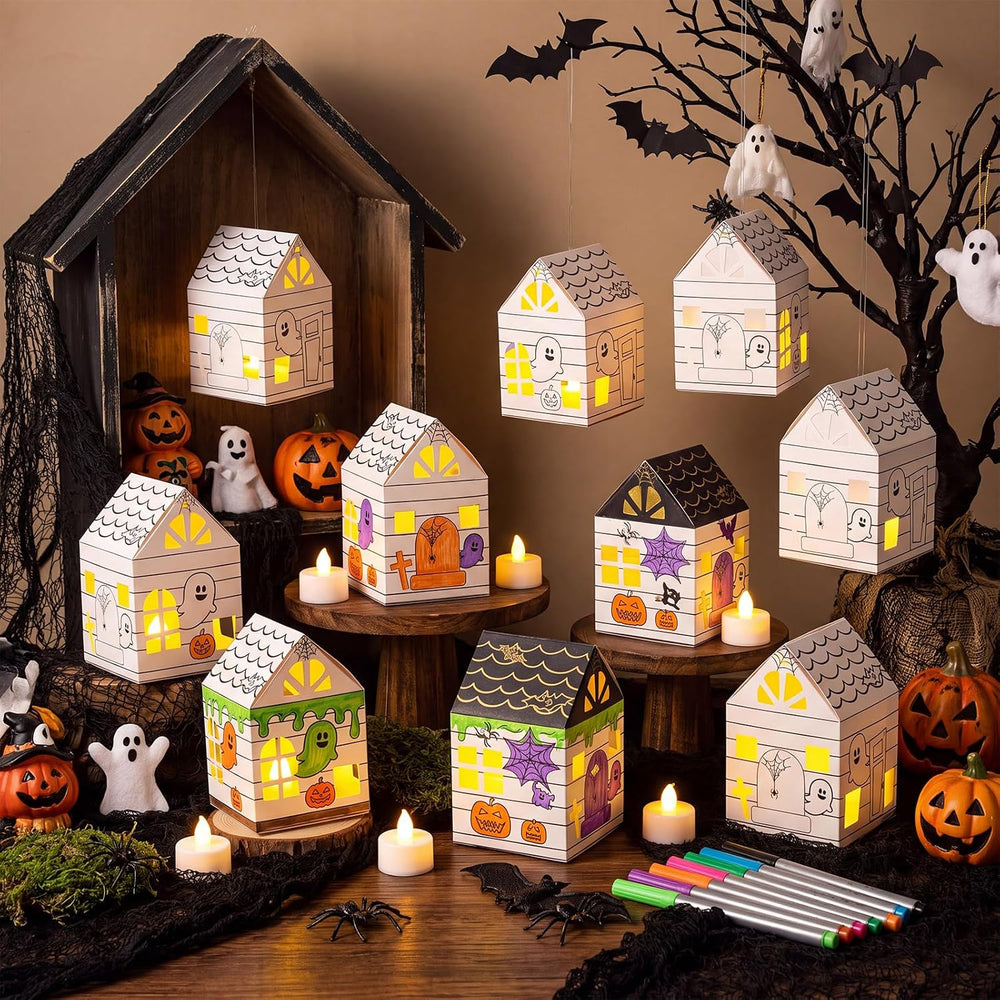 Glooglitter 36 Sets Halloween Lantern Craft Kit, DIY Paper Haunted House