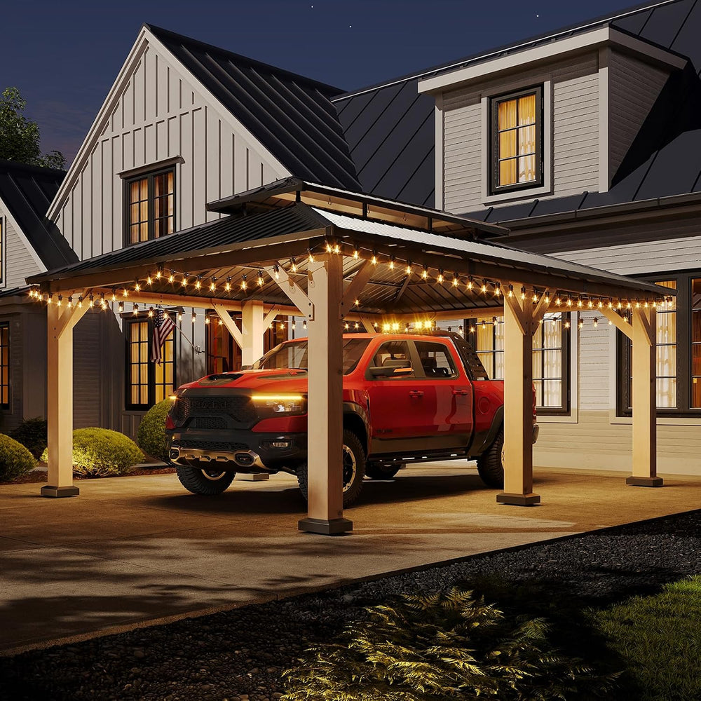 Aoxun 12x20 FT Heavy Duty Cedar Wood Carport, Double Galvanized Steel Roof