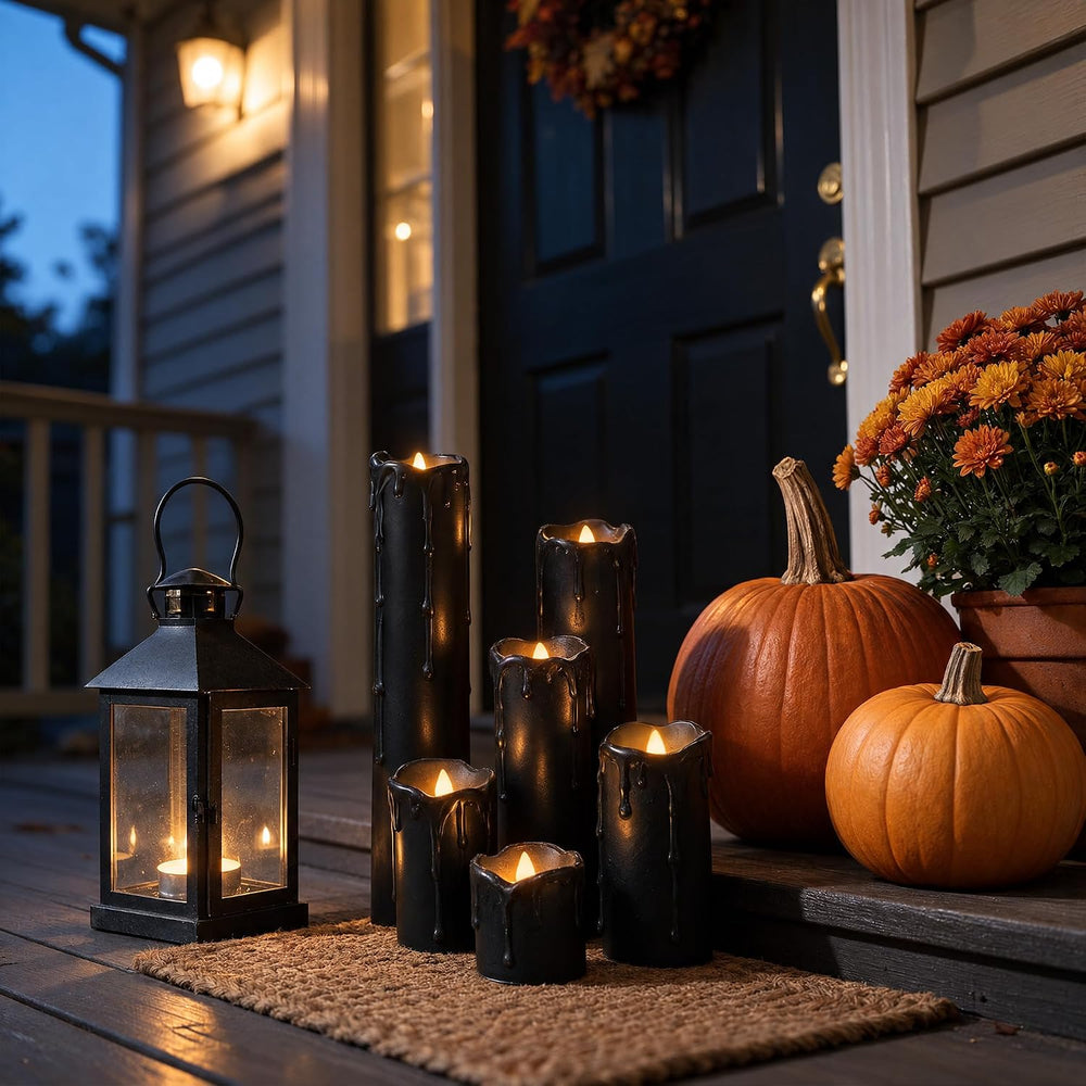 6 Pack LED Flickering Flameless Black Melting Drip Pillar Candles with Timer,...