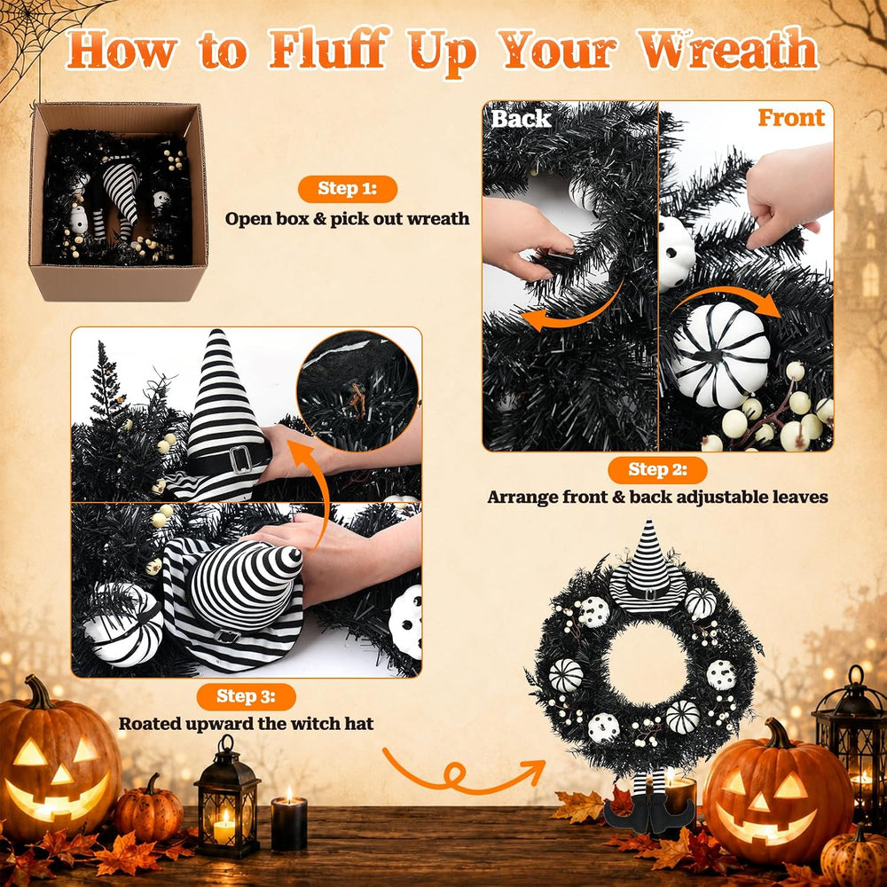 Yangrass 24" Spooky Halloween Wreath for Front Door with Witch Hat &...
