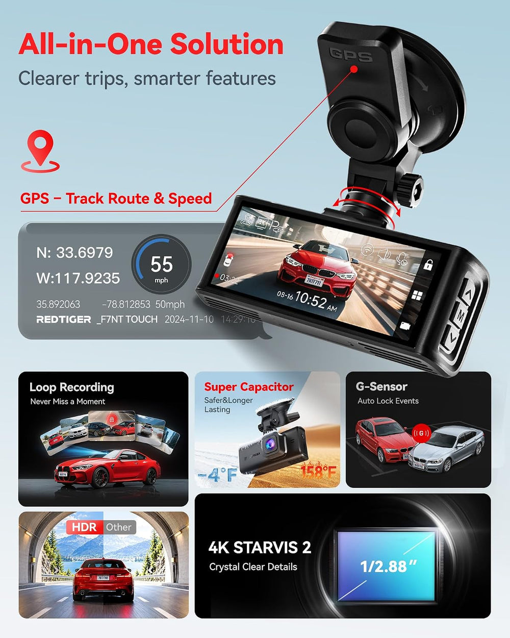 REDTIGER 4K STARVIS 2 Dashcam Front Rear, 5GHz WiFi 20MB/s, Voice Control