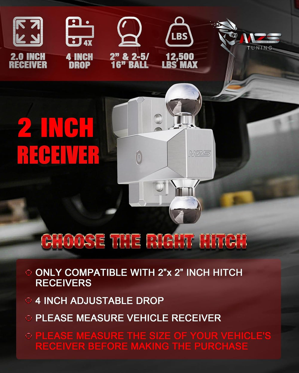 MZS Adjustable Trailer Hitch - Fits 2 Inch Receiver Hitch - 4-Inch Adjustable...