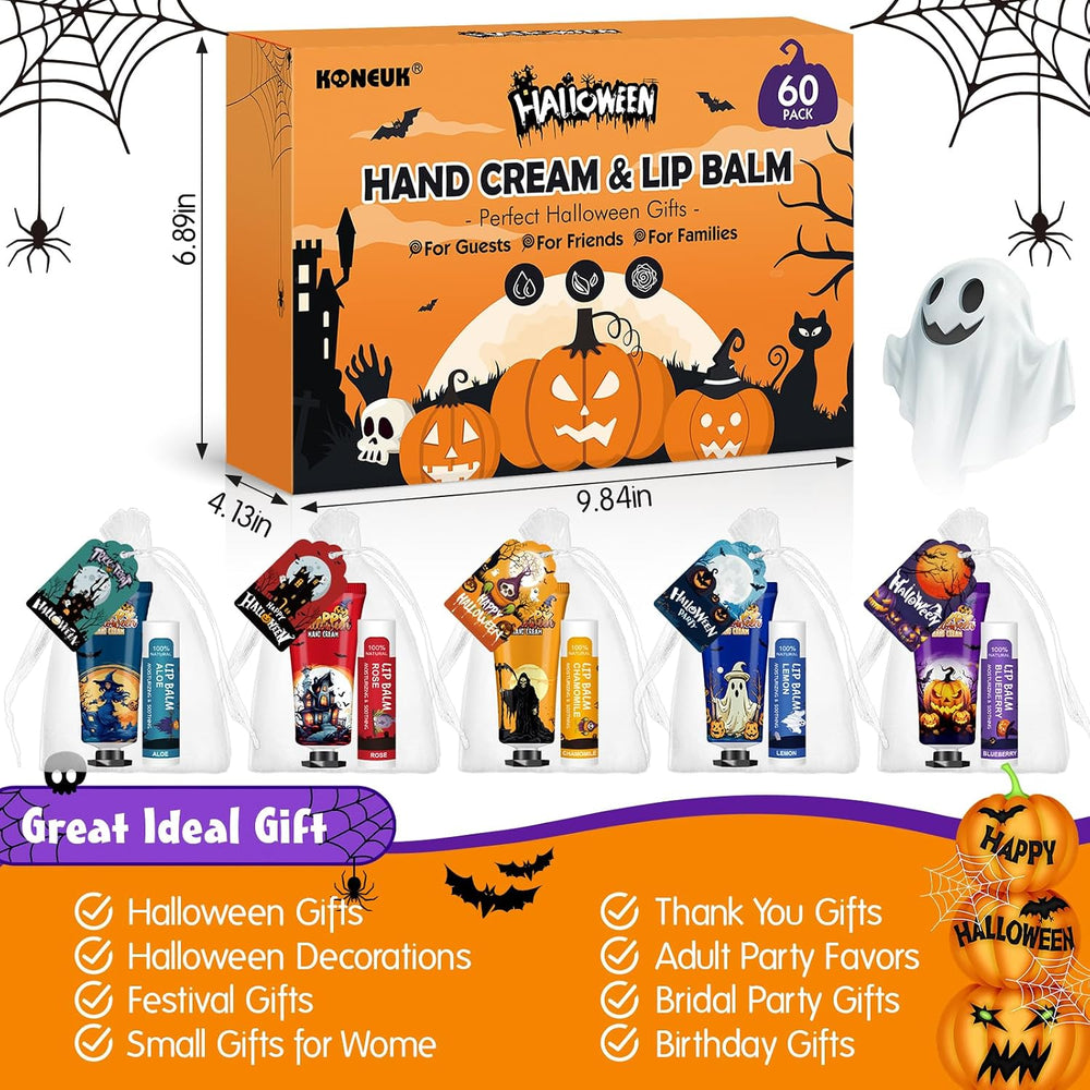 60 Pack Halloween Hand Cream and Lip Balm Set for Women, Halloween Gifts