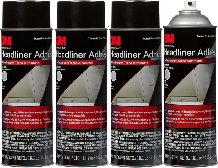 3M Headliner & Fabric Adhesive Spray (18.1 oz Aerosol, 4-Pack) – High Strength Automotive & Upholstery Glue for Fabric, Foam, Metal, Plastic – Heat Resistant, Fast Dry, Clear Finish