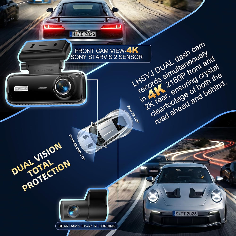 4K Dual Dash Cam Front Rear, STARVIS 2 Sensor, WiFi 6, Night Vision