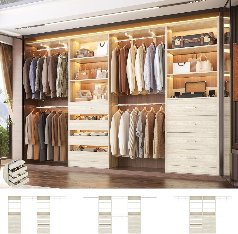 Aheaplus Closet System, Wood Closet Organizer System with 8 Drawers &4 Rods