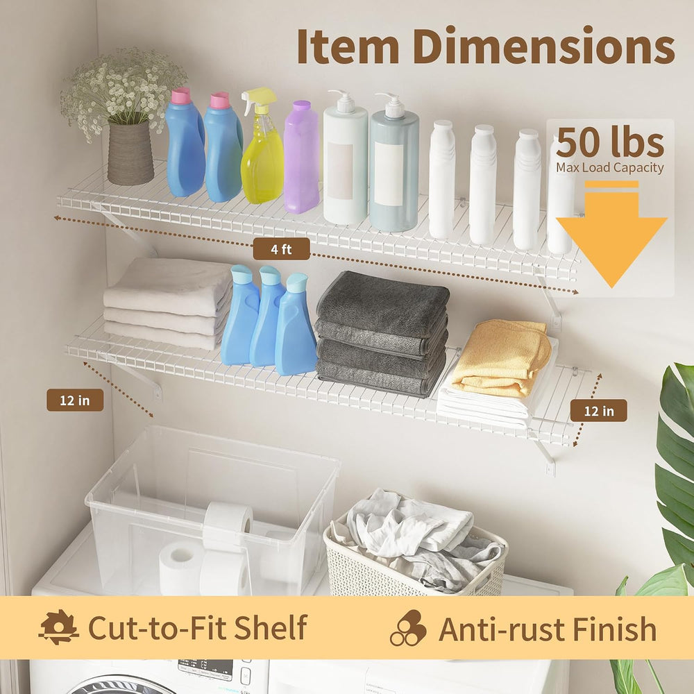 PROWORX Closet Shelves Wall Mounted, 4 Pack 4 ft x 12 in White Wire Shelving ...