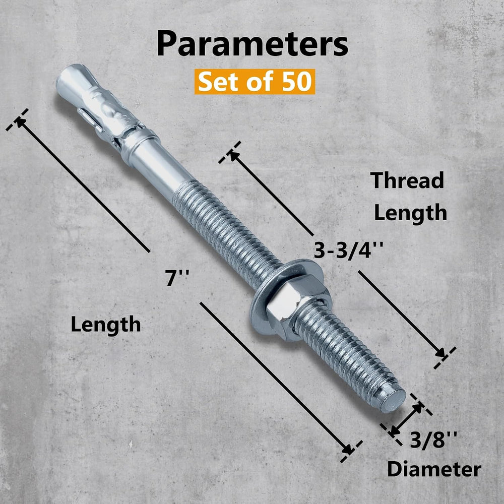 Party Animals 3/8 x 7 Inch Wedge Anchor, 50 PCs Zinc-Plated Industrial Anchor...