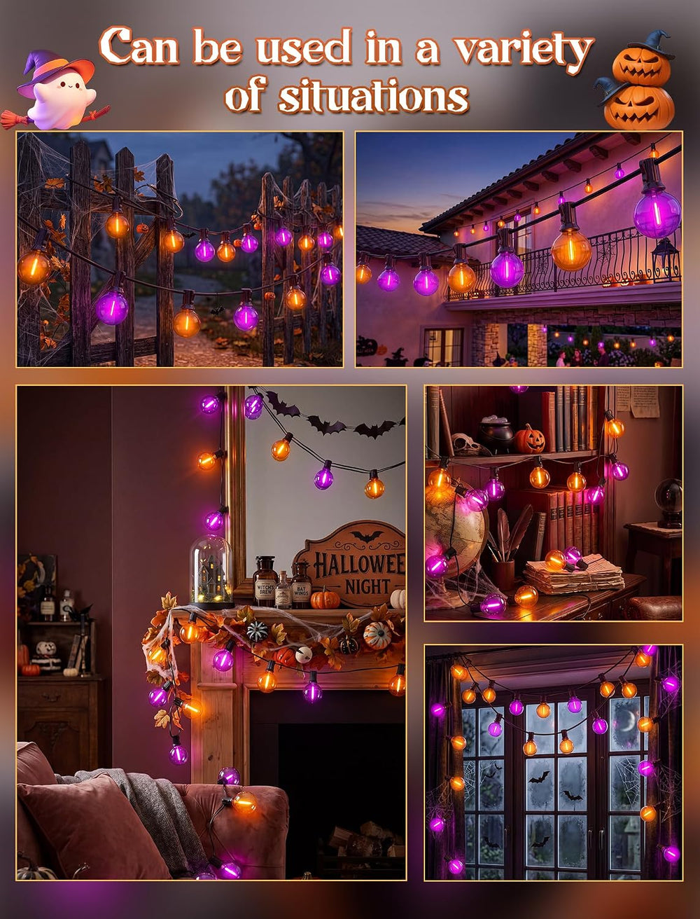 50FT Halloween String Lights Outdoor, G40 Orange and Purple LED Globe Patio L...