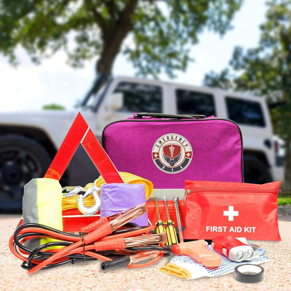 Roadside Assistance Emergency Car Kit - First Aid Kit, Jumper Cables, Tow Str...