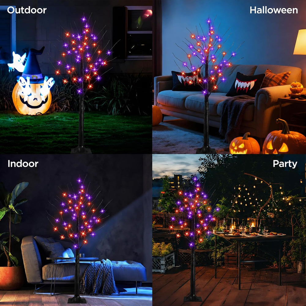 2 Pack 4FT Lighted Black Halloween Tree, Purple & Orange Lights with Timer