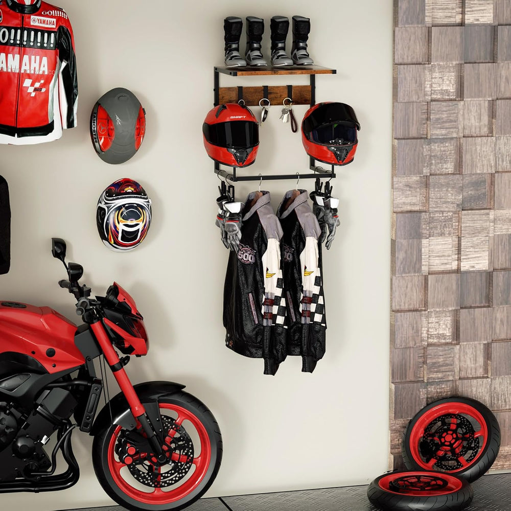 Urban Deco Motorcycle Helmet Holder Wall Mount Rack with 2 Hat Stands