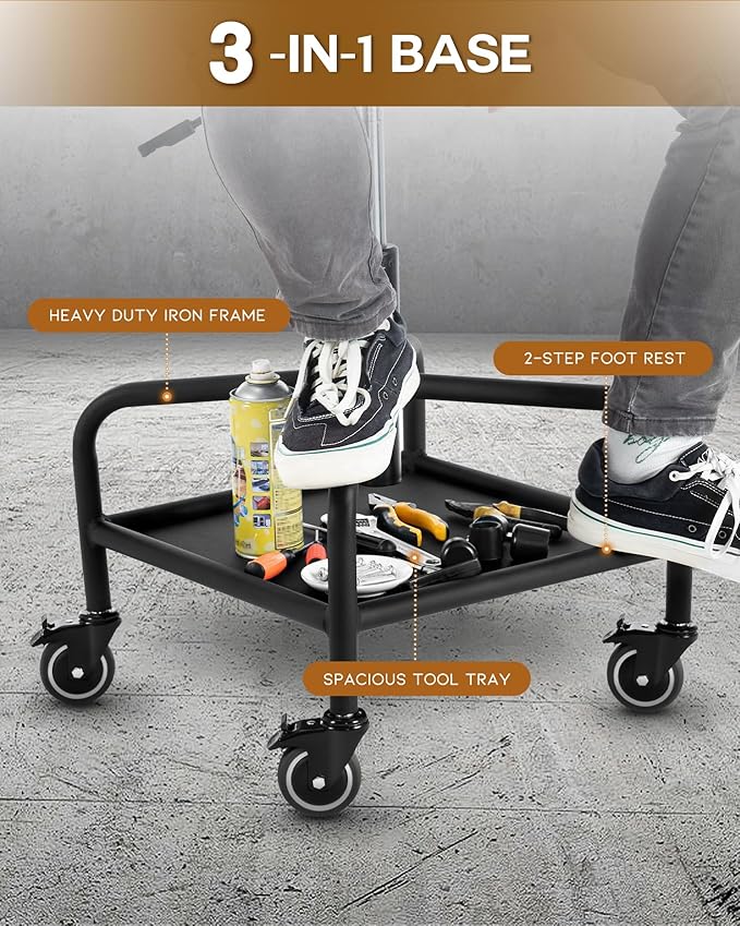 Shop Stool with Lockable Rubber Wheels Adjustable Backrest Tool Tray Storage