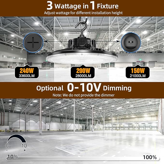 9 Pack 480V LED High Bay Light UL DLC Listed UFO Light 240W 200W 150W Adjustable